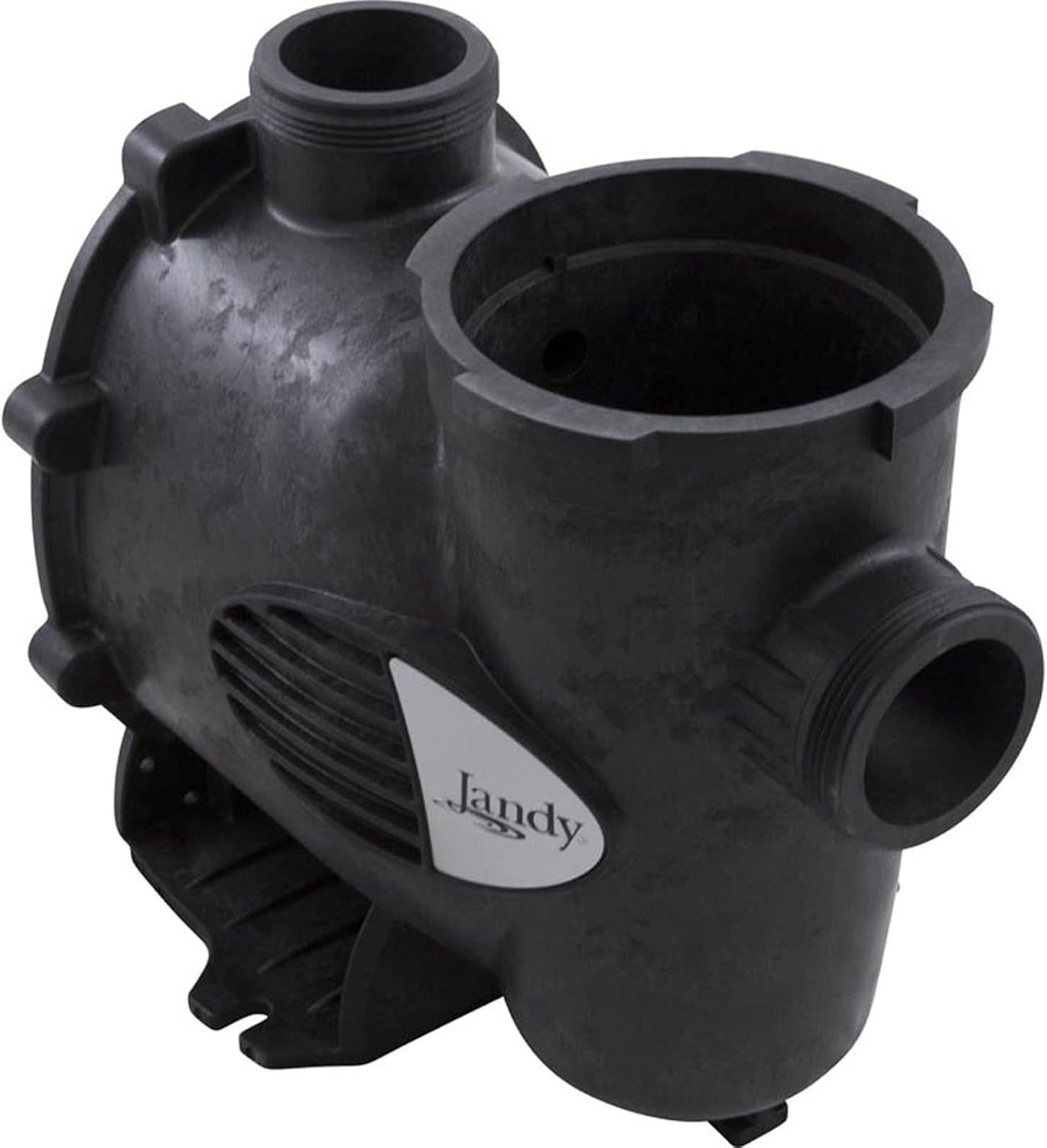 The Jandy PHPF/PHPM Pump Body Replacement Kit (R0448700), a black housing from Jandy, features multiple threaded openings and is shown without the motor or internal components.