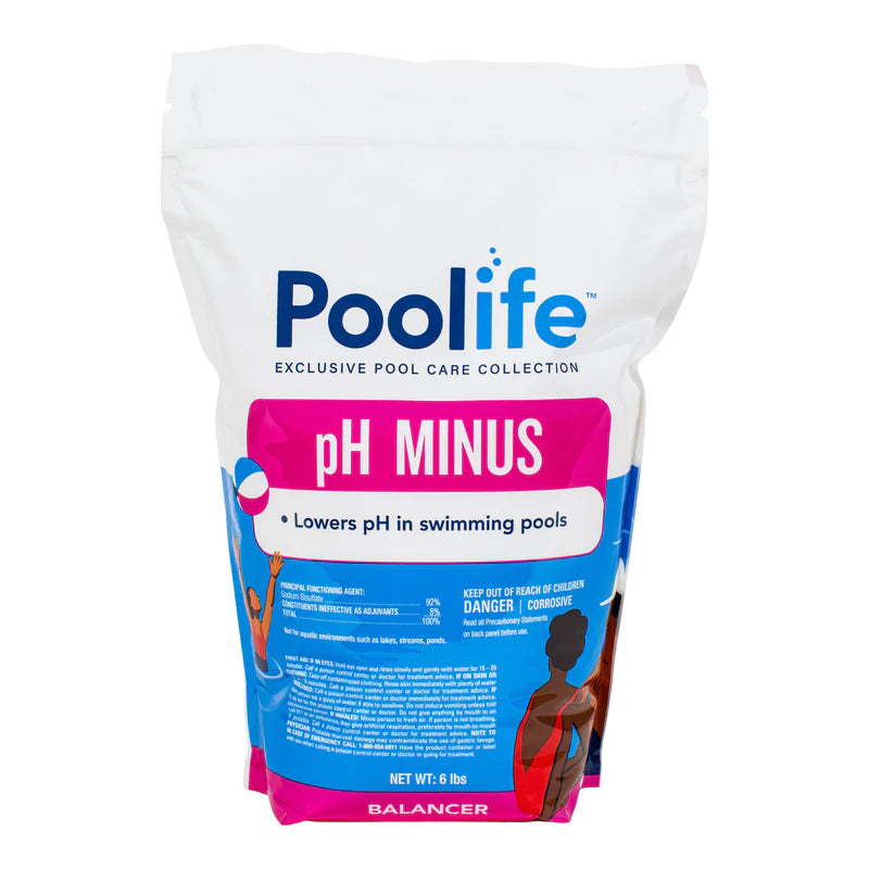 Poolife pH Minus | 62115| 6 lbs by Poolife is a pool care product designed to lower your swimming pool’s pH level; it comes in mostly white packaging with pink and blue accents.
