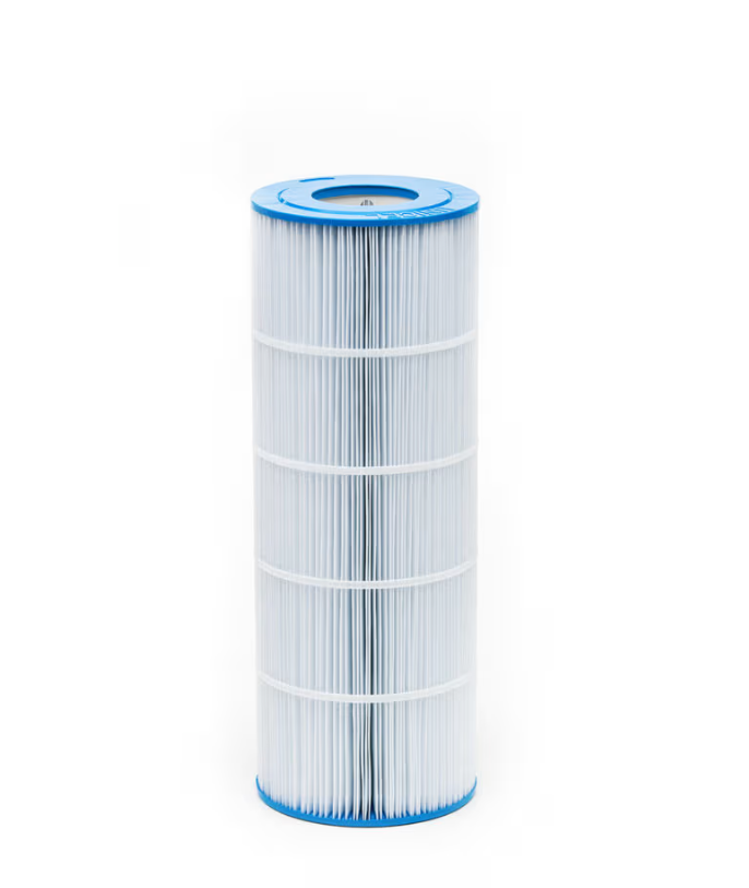 The Unicel Replacement Filter Cartridge 150 sf Hayward CS150E | C-9441, featuring a blue top and bottom, ensures optimal water clarity and is perfect for maintaining pool cleanliness.