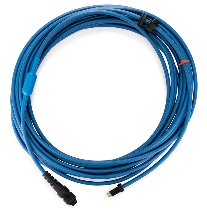 A Maytronics Dolphin 2-Wire 50' Blue Cable with black connectors, designed for electronic or industrial use, is shown coiled on a white background.