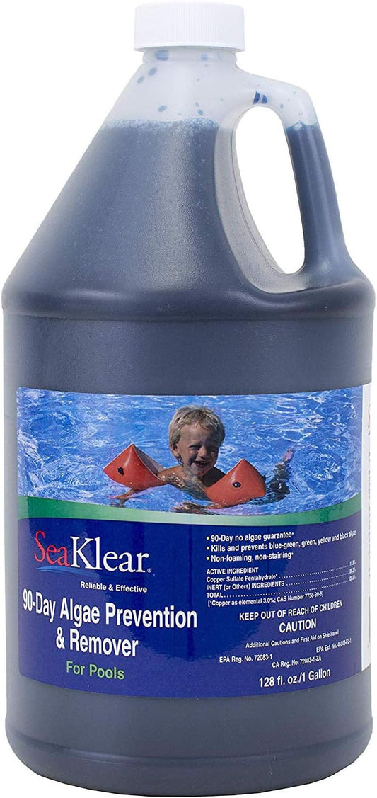 SeaKlear 90-Day Algae Prevention & Remover, 1 gal bottle (90311SKR), helps keep pools clear and algae-free. The label features a child swimming, pool clarity details, and key safety info. Brand: SeaKlear.