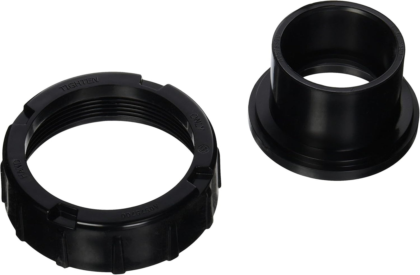 The Jandy 2" x 2-1/2" Tail Piece, O-Ring & Coupling Nut (R0446101) features two black plastic components—a large nut labeled "TIGHTEN" and a cylindrical piece with a wide rim—perfect for seamless integration with Zodiac Jandy pool pumps, especially the Stealth series.
