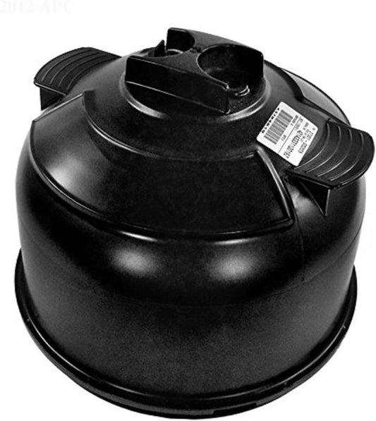 A black Pentair Upper Half Tank Shell (27001-0020S) plastic pool cartridge filter housing with barcode label and side handles, viewed from above on white; ideal for Sta-Rite filter or upper half tank shell replacement.