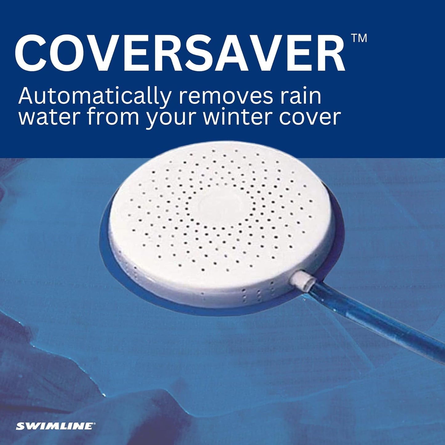 The Swimline Non-Electric Siphon Cover Pump (5436) by Swimline, shown with its hose on a blue pool cover, automatically removes rainwater from your winter cover.