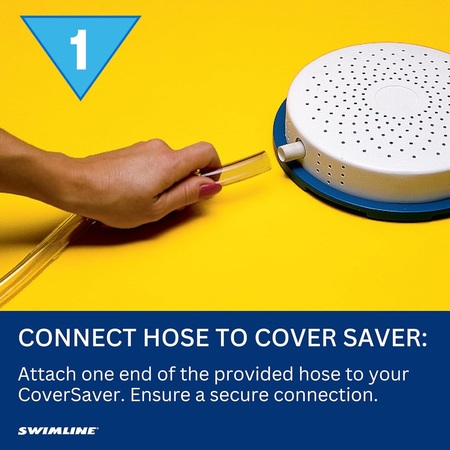 A hand attaches a clear hose to the Swimline Non-Electric Siphon Cover Pump (5436) by Swimline on a yellow background, with pool cover water removal instructions shown below.