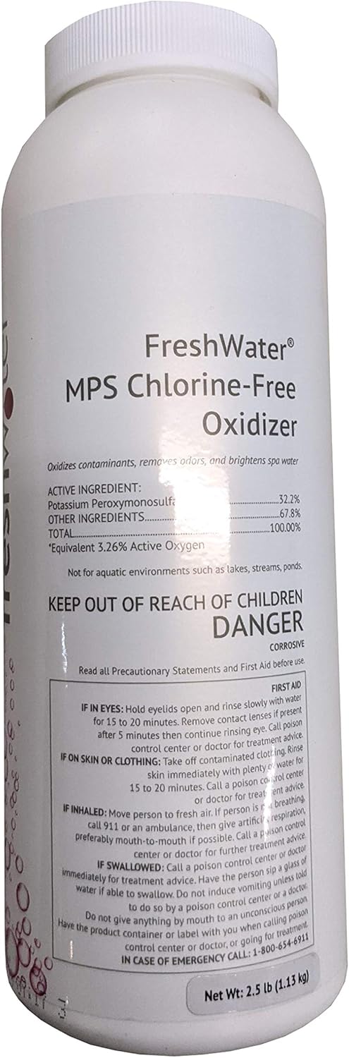 The Pool Goods Freshwater MPS Chlorine Free Oxidizer 2.5lb (80030) comes in a white bottle labeled with safety instructions, keeping your spa sparkling clean without chlorine. Net weight: 2.5 lb (1.13 kg).