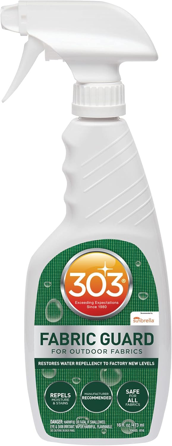 Pool Goods 303 Fabric Guard for Outdoor Fabrics (Sunbrella), 16oz spray bottle with trigger nozzle, repels moisture and stains while being safe for all fabrics.