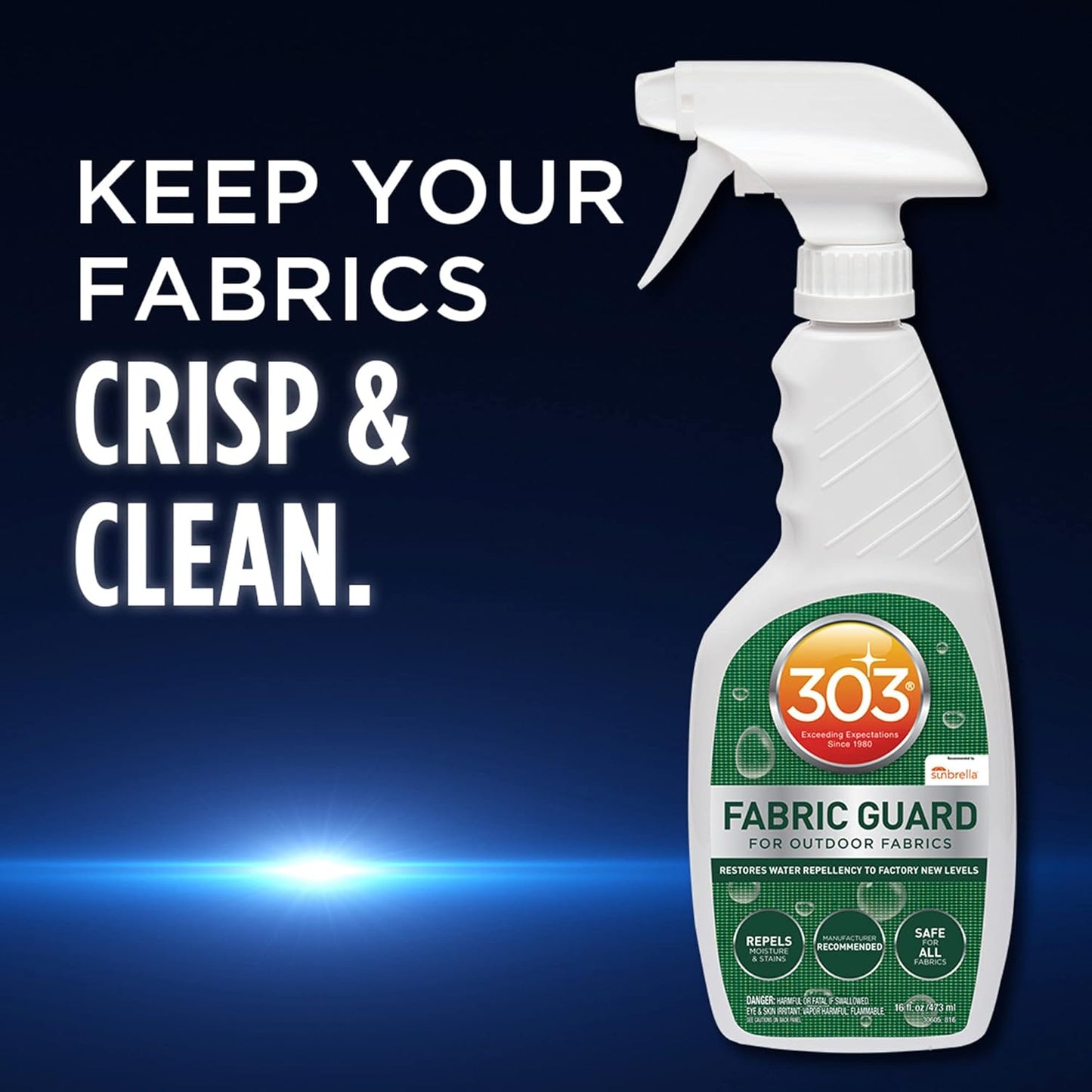 A 16oz bottle of Pool Goods 303 Fabric Guard for Outdoor Fabrics (Sunbrella) is shown with the text, “Keep your fabrics crisp & clean.” Safe for all fabrics, it repels moisture and stains to provide lasting protection.