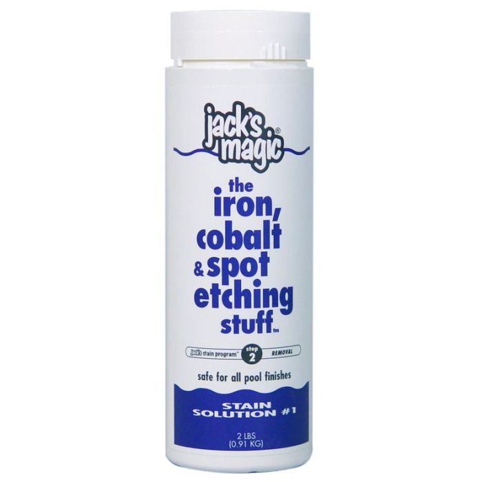 White container labeled "Jacks Magic Stain Solution #1 The Iron, Cobalt & Spot Etching Stuff" features a non-acidic formula to effortlessly tackle tough pool stains.