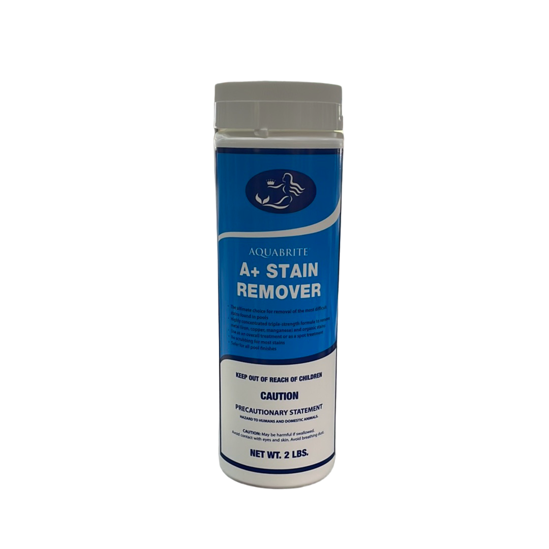 A cylindrical container of Aquabrite A+ Stain Remover by Aquabrite, labeled with precautions and a 2 lbs net weight, is shown as an effective pool stain remover against a plain background.