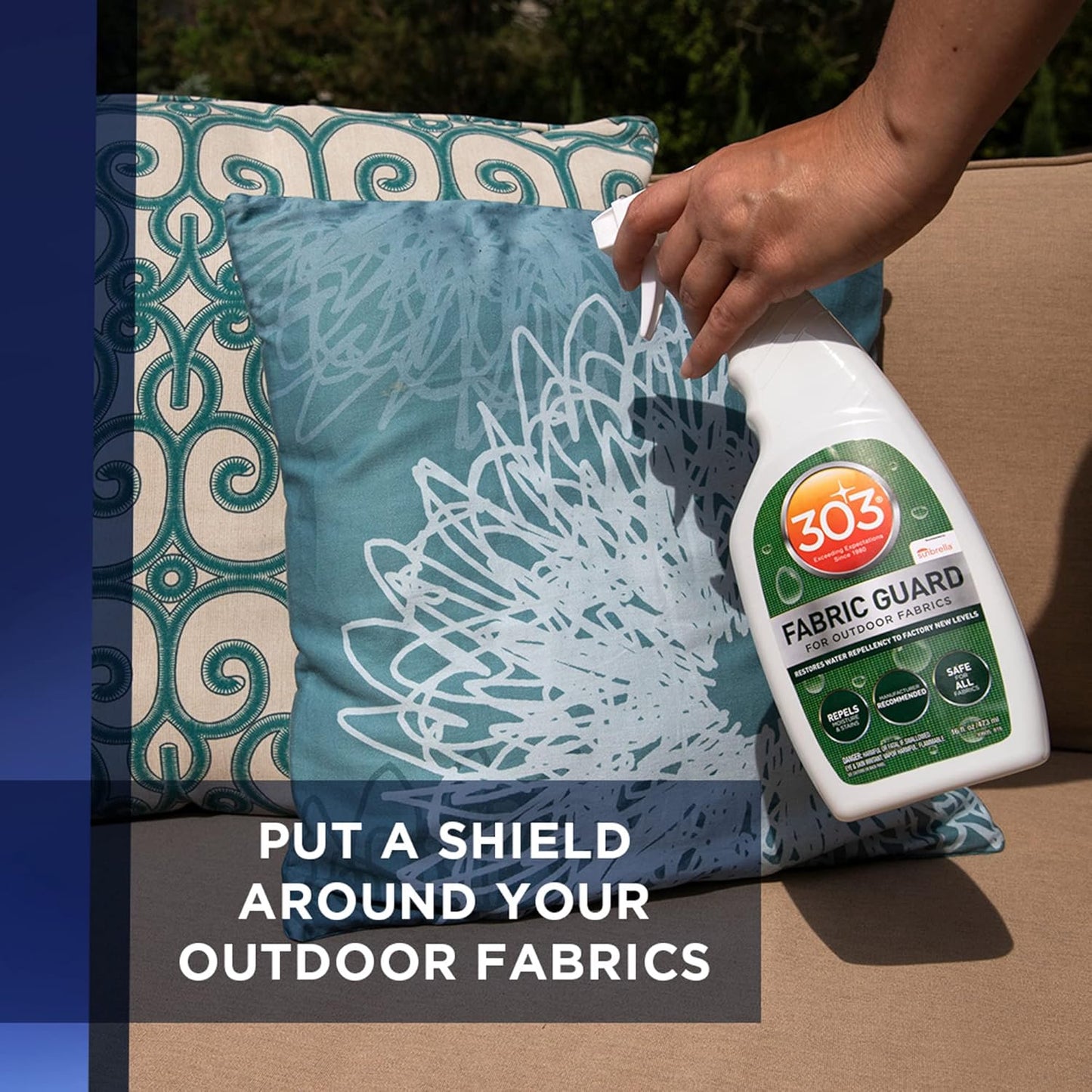 A hand sprays Pool Goods 303 Fabric Guard for Outdoor Fabrics (Sunbrella) 16oz onto a patterned outdoor pillow; text reads, "Repels moisture and stains—safe protection for all your patio fabrics.