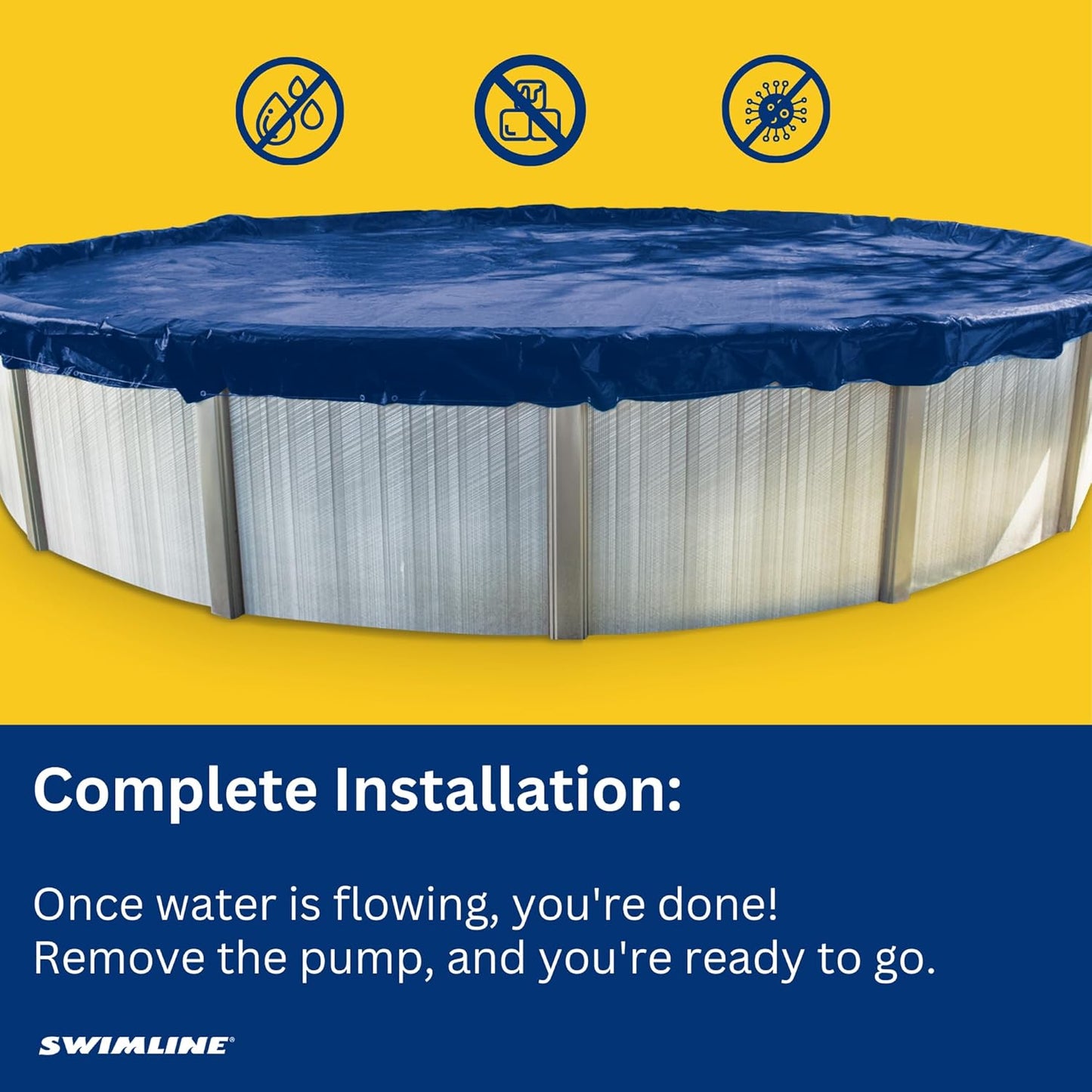 The Swimline Non-Electric Siphon Cover Pump (5436) by Swimline sits beside an above-ground pool with blue cover; icons highlight no siphoning, eco-friendly waste prevention, and contaminant removal. Installation tips shown below.