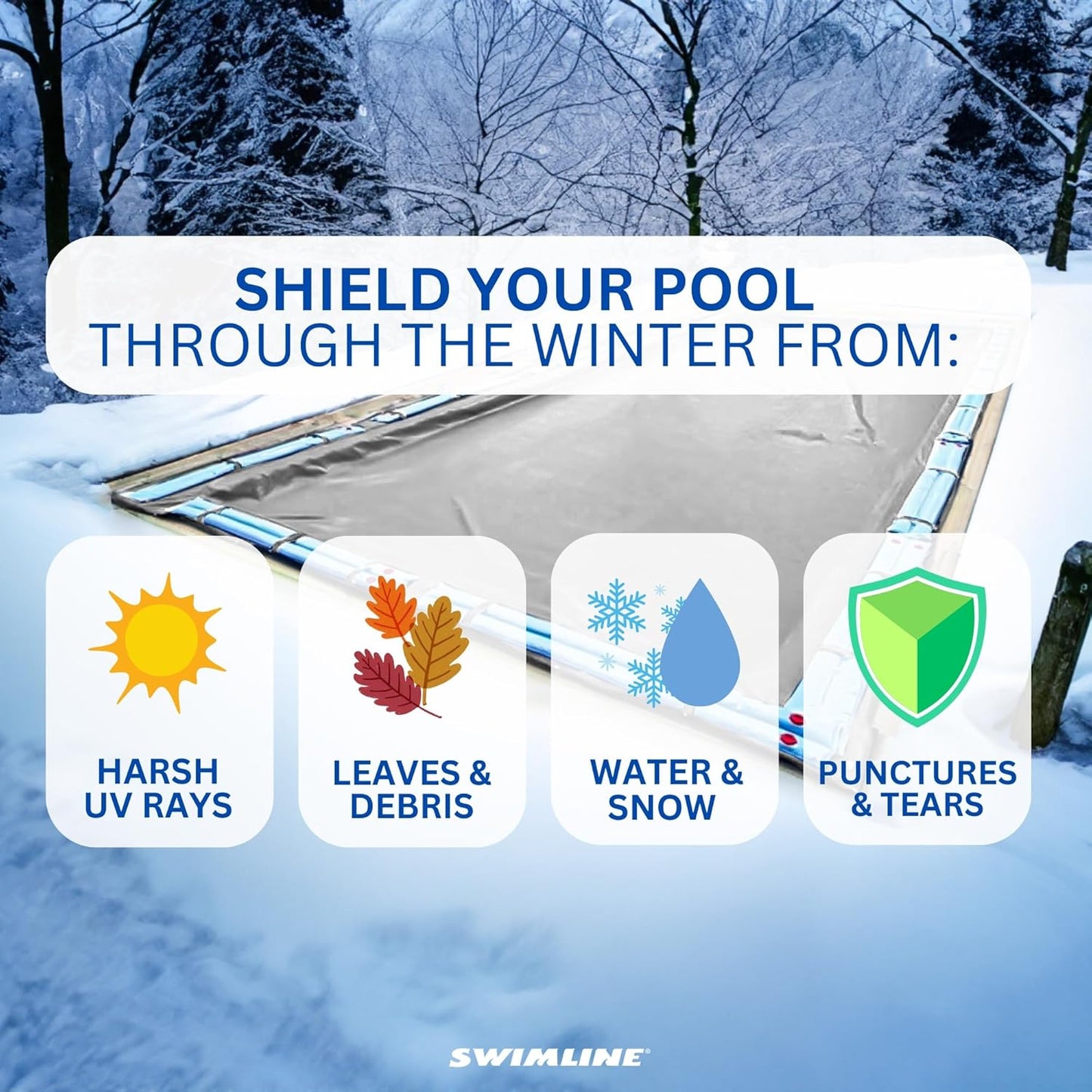 A snowy backyard showcases the Swimline Super Deluxe 30' x 60' Rectangle Winter Cover, protecting your pool from UV rays, leaves, debris, water, snow, punctures, and tears. Brand: Swimline. Model: CO143565R.
