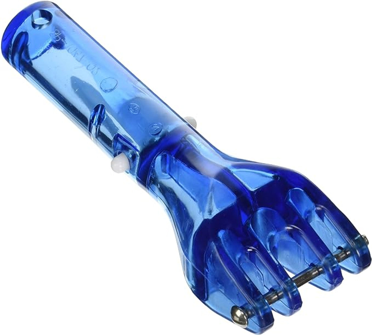 The HAYWARD Power-Vacuum Head Quick Snap Connector Assembly (SPX1067QA) offers easy grip and control with its ergonomic design, featuring a blue plastic hand-shaped end and roller wheels, inspired by pool cleaning tools.