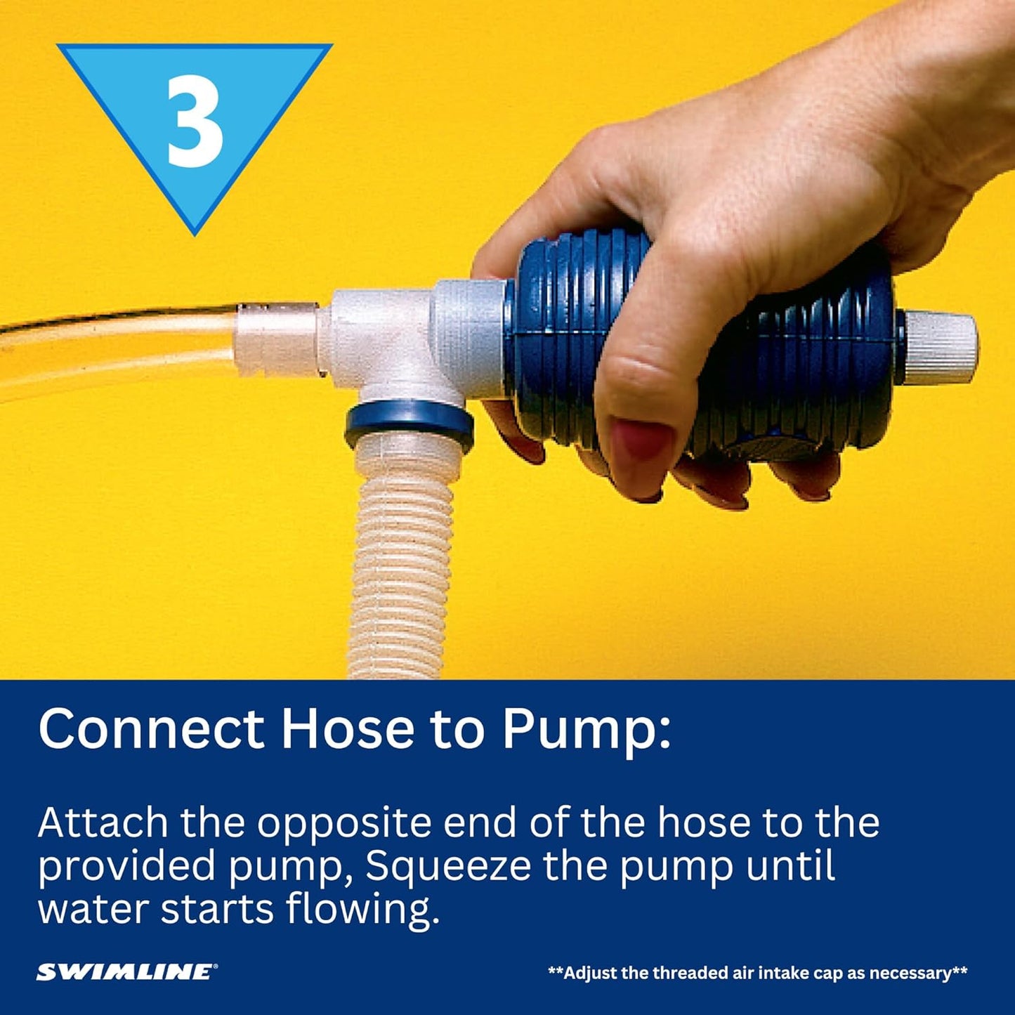A hand squeezes the Swimline Non-Electric Siphon Cover Pump (5436) connected to a hose, showing how to attach and use this Swimline pump for efficient pool cover water removal.