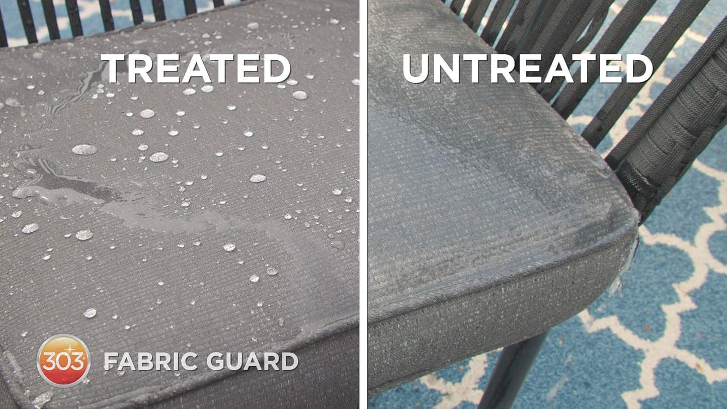 Side-by-side chair cushion: the side treated with Pool Goods 303 Fabric Guard for Outdoor Fabrics (Sunbrella) 16oz repels moisture, while the untreated side absorbs water. Text: "Safe for all fabrics.
