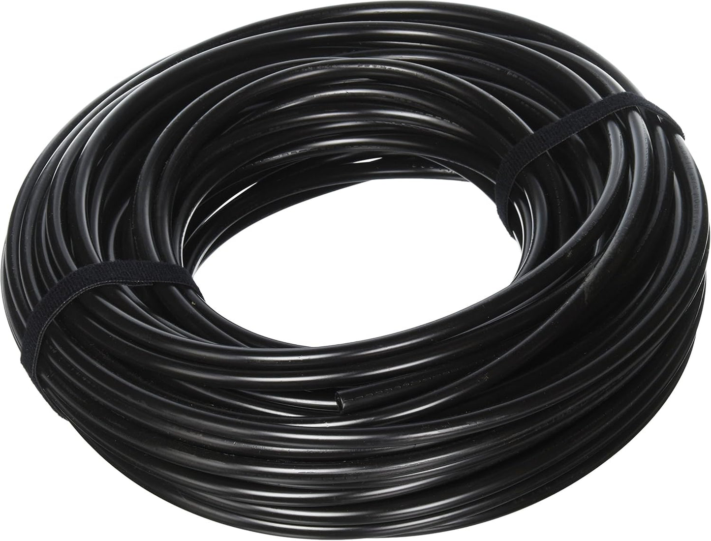 The Pentair Poly Tubing, R18754, features 100 feet of 3/8" outer diameter black tubing, neatly coiled and secured by two black straps.