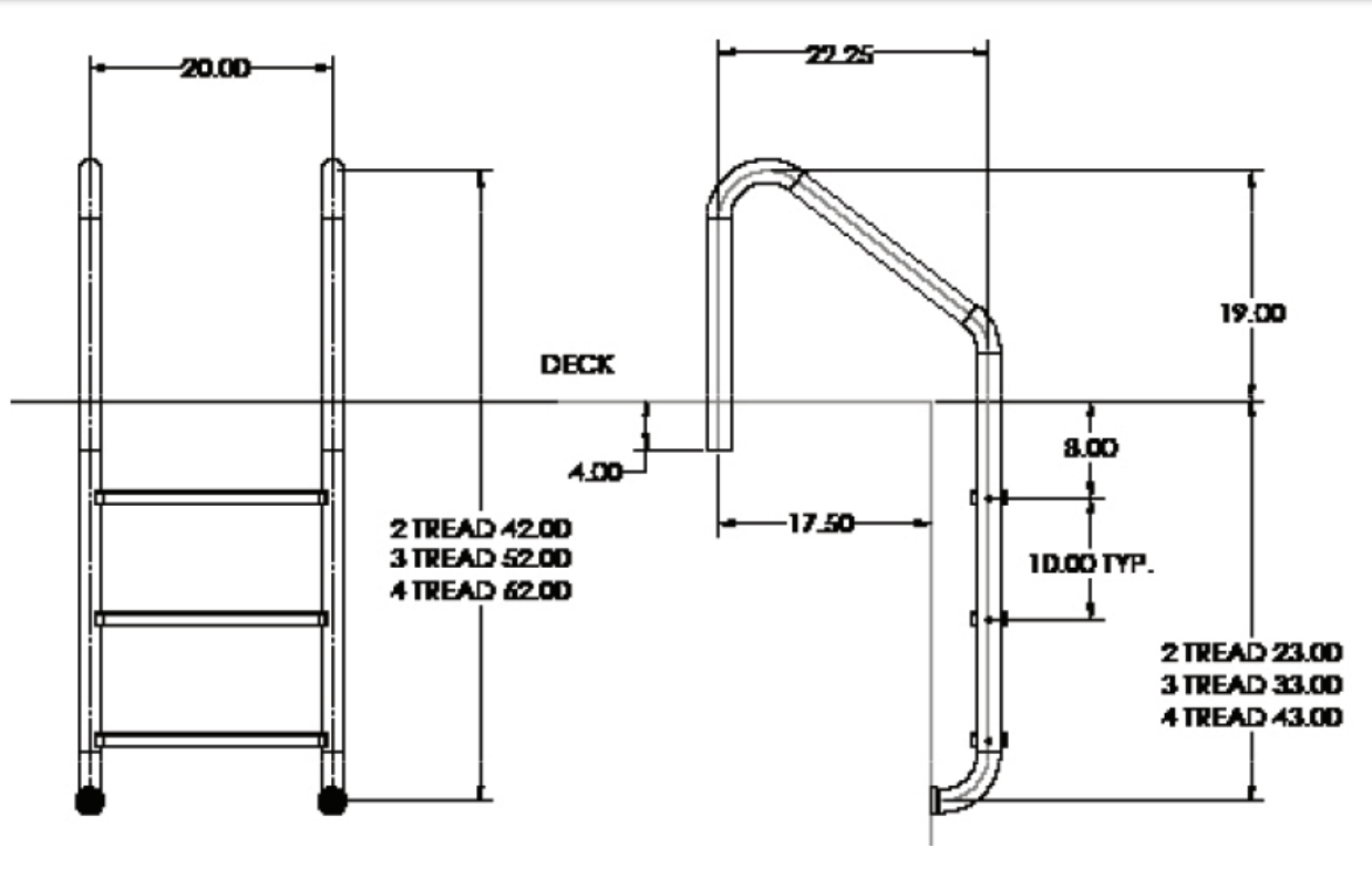 The SR Smith VLLS-103S technical drawing features side and front views of the 24" Economy Elite 3-Step Pool Ladder. Made from 304 stainless steel, it details tread lengths, deck height, and overall measurements in inches.
