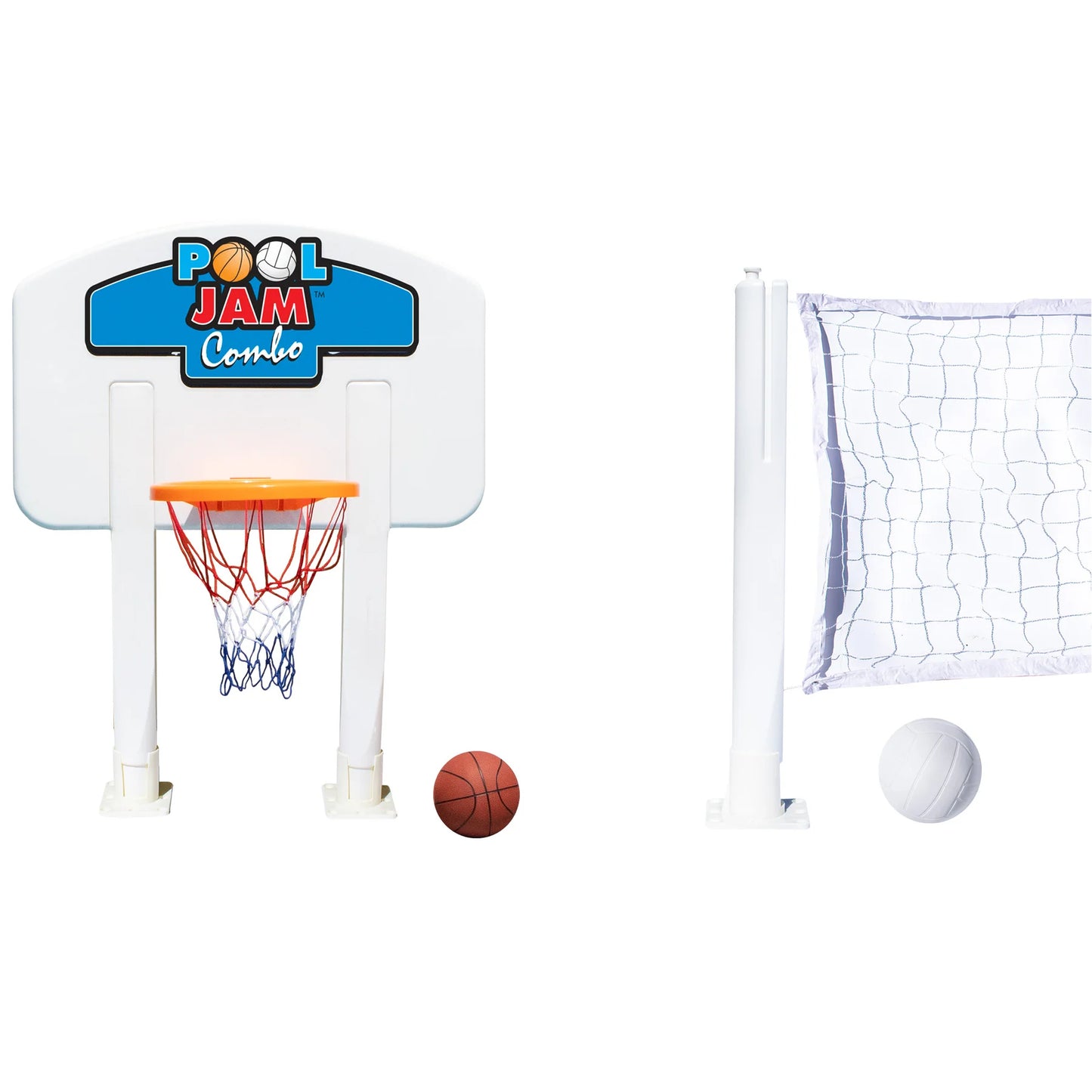 Make a splash with the Swimline PoolJam In-Ground Pool Basketball & Volleyball Game Combo (9190), featuring both a basketball and volleyball set with included net, perfect for exciting poolside games.