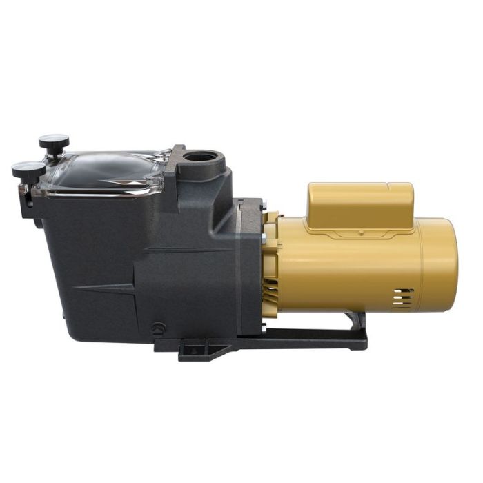 Side view of the Pool Goods 1 HP SUPER PUMP, OL | W3SP2607X10 pool pump with black housing and a yellow motor on a white background.
