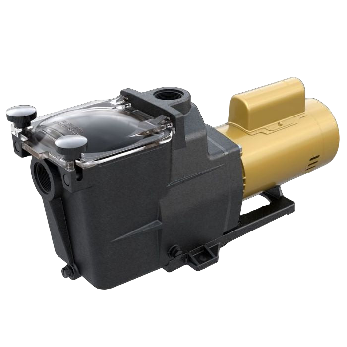 The Pool Goods 1 HP SUPER PUMP, OL (W3SP2607X10) features a black body, yellow motor, and clear filter lid—perfect as a super pump for efficient pool maintenance.