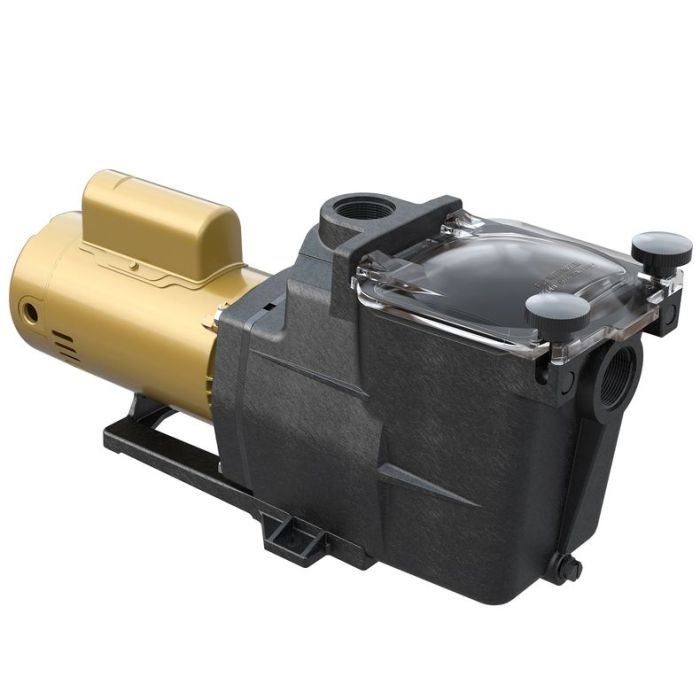 A black and yellow Pool Goods 1 HP SUPER PUMP, OL (W3SP2607X10) pool pump with a transparent filter cover, shown from an angle.