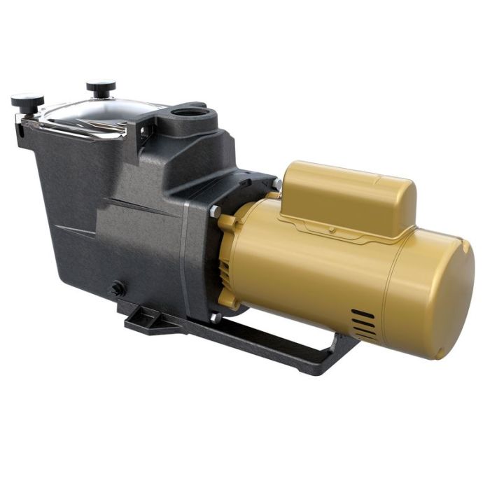 The Pool Goods 1 HP SUPER PUMP, OL (W3SP2607X10) is a high-efficiency black and gold electric pool pump with an attached strainer housing and mounting base.