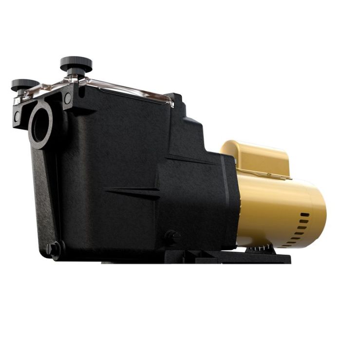 The Pool Goods 1 HP SUPER PUMP, OL (W3SP2607X10) in black and yellow features a transparent lid with two knobs, designed for high efficiency and shown from a low side angle against a white background.