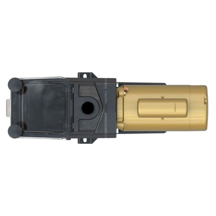 Top view of the Pool Goods 1 HP SUPER PUMP, OL | W3SP2607X10 electric pool pump with a transparent lid on the left and a cylindrical, gold-colored motor on the right.