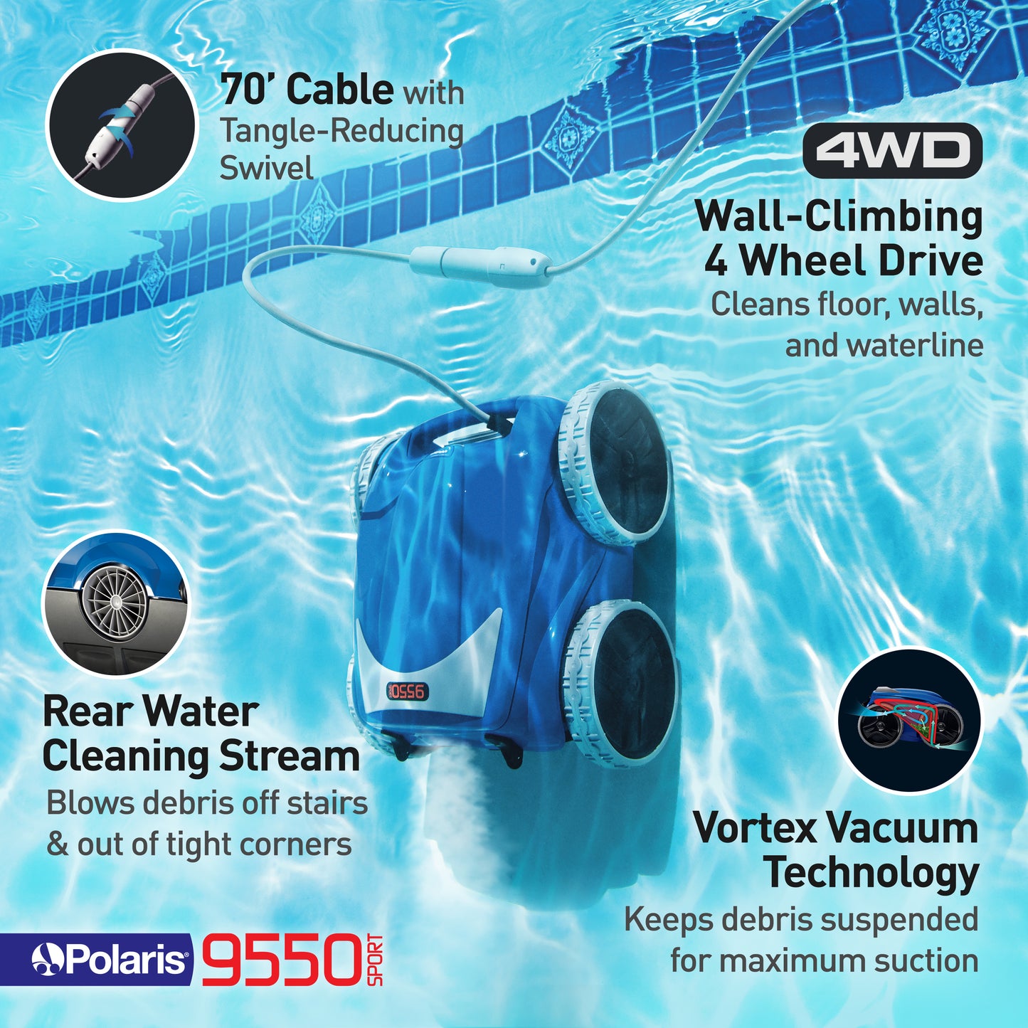 Polaris 9550 Robot 4-Wheel Drive Sport Cleaner with 70' Cable