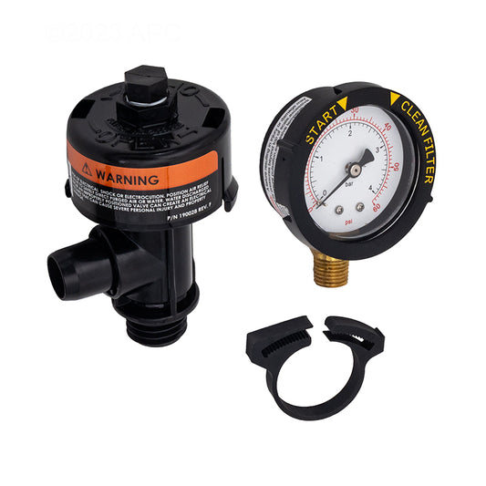 The Pentair High Flow Air Relief Valve (98209800) includes a black plastic component, a PSI pressure gauge, and a black clamp. It also offers an optional manual relief valve for enhanced performance.