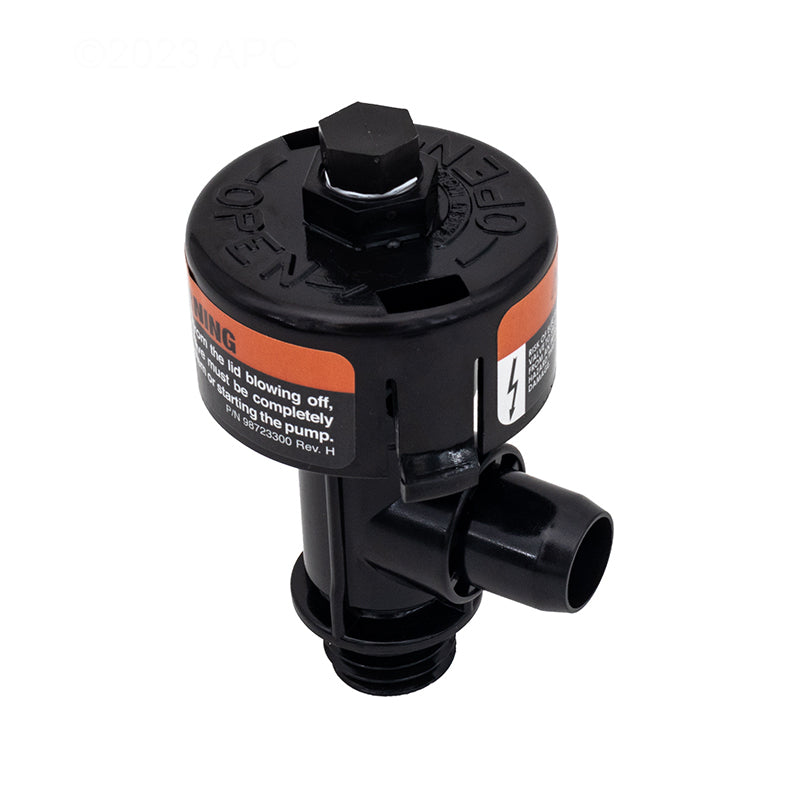 The Pentair High Flow Air Relief Valve (98209800) is a black plastic manual valve with "OPEN" and "CLOSE" text on top, featuring a threaded bottom and side outlet. Includes a safety warning label and is an ideal replacement part for high flow systems.