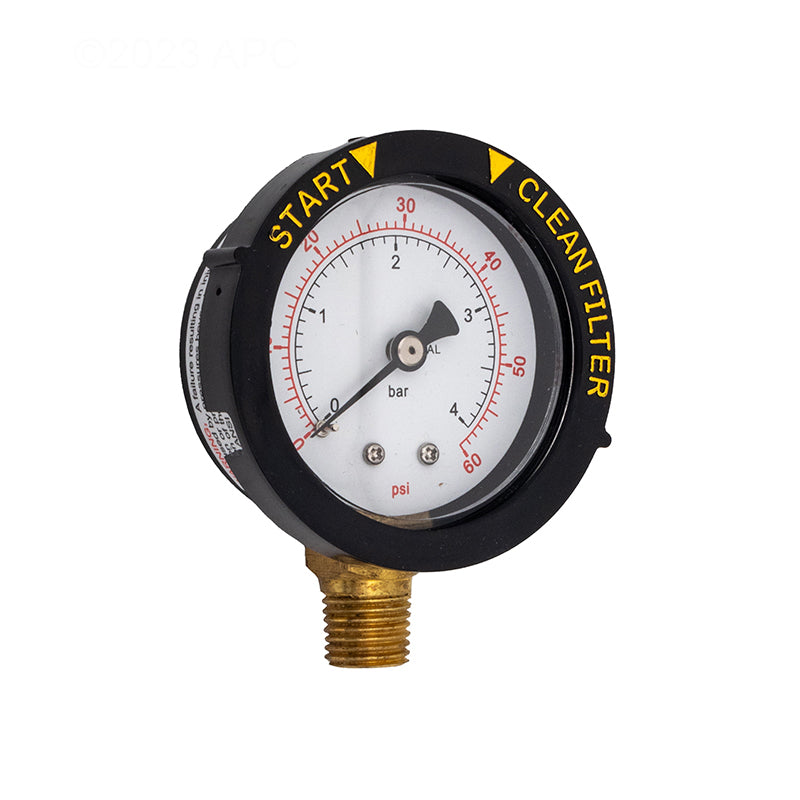 The Pentair High Flow Air Relief Valve (98209800) features a black outer ring displaying "START" and "CLEAN FILTER." Designed for high flow systems, it provides psi and bar readings. Its brass bottom connection ensures a secure fit, making it an ideal replacement.