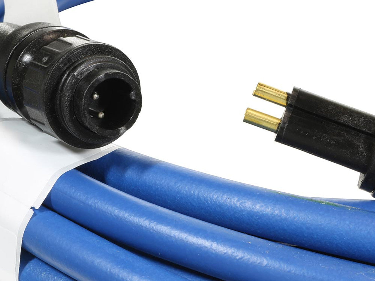 Close-up of a Maytronics Dolphin 2-Wire 60' Cable w/ Swivel (99958907-DIY), featuring blue cable with black male and female connectors showing metal pins, by Maytronics, displayed against a white background.