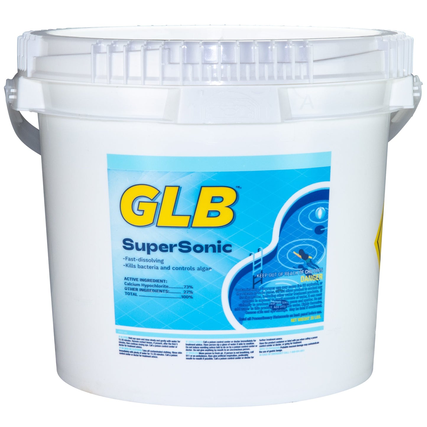 A white plastic 25 lb pail labeled "GLB Supersonic 73% Cal Hypo Granular Chlorine Shock" by GLB, featuring a blue and yellow label, kills bacteria, controls algae, and works as a fast-dissolving pool sanitizer.