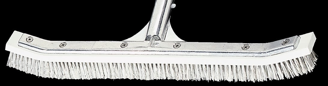 The A&B Curved Aluminum Wall Brush by Pool Goods features an 18" handle and combo stainless steel and nylon bristles, perfect for maintaining your pool's cleanliness.