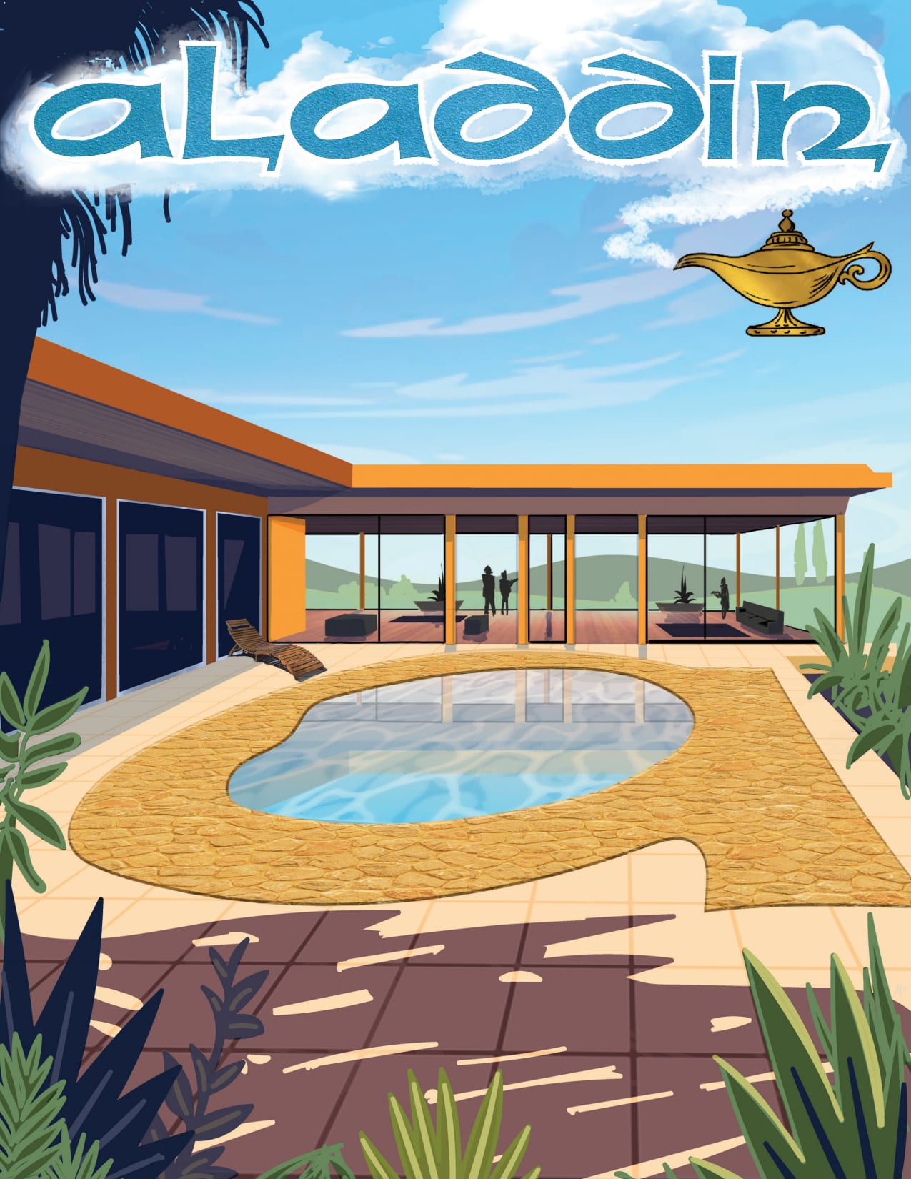 In a poolside illustration featuring a modern house and greenery, two figures appear in the distance. The text "Aladdin" is displayed with a lamp icon in the sky, reminiscent of the Aladdin Super Pump Basket for Hayward SPX1600M | B-167 by Aladdin.