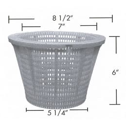 Aladdin Skimmer Basket for Pentair American Admiral, model B-200, features a gray plastic mesh design with dimensions: top diameter of 8.5 inches, bottom diameter of 5.25 inches, height of 6 inches, and width of 7 inches.