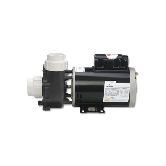 The Gecko Flo-Master XP2E 5HP 2-Speed 230V Pump, model 05340009-5040, comes in black and gray with a white pipe connector and side labels featuring specifications.