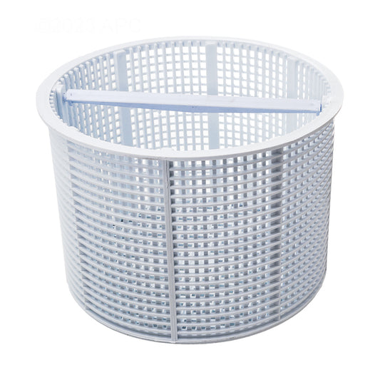 The Aladdin Super Pro Skimmer Basket B-152 by Aladdin is a round, white plastic basket with a grid design and a top horizontal bar, perfect for pool filtration systems.