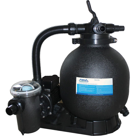 The Aquapro 15" Sand Filter & 1HP Single Speed Pump Combo (APA1063075LBS) is ideal for above ground pools, featuring a round chamber with attached hoses, a clear-lidded section, and a top valve handle to ensure efficient and easy pool filtration.