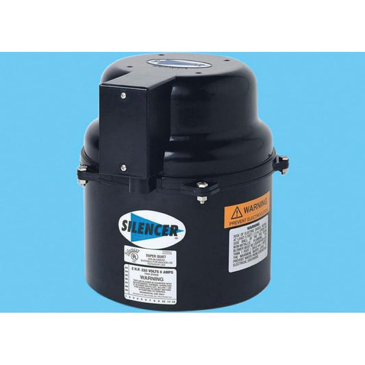 The AirSupply Silencer Quiet Air Blower 1.5HP 240V, model 6315241, features a black design with white and orange warning labels set against a blue background for reduced noise operation.