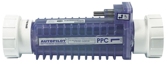The AutoPilot Pool Pilot Salt Cell RC35/22 (PPC1) by Autopilot features white threaded unions and a metal connector—an ideal replacement salt cell for pool water systems.