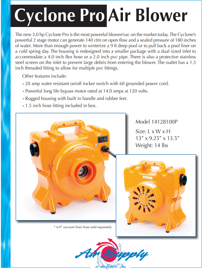 AirSupply Cyclone Pro 3HP Pool Liner Vac & Winterizing Blower, 120V (4128100P) is shown with a handle and dual air output, ideal for pool winterizing or vinyl liner installation. Features and specs are listed beside the image on a white background.
