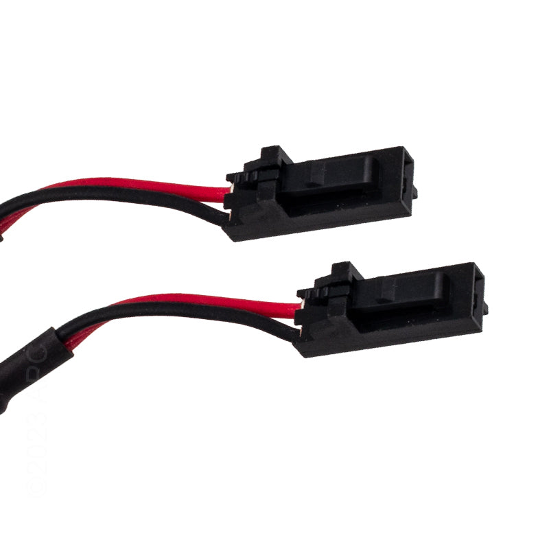 Close-up of two black and red wired connectors with black housings, oriented in the same direction—ideal for Pool Goods Genuine Balboa 4KW Heater Assembly With M7 Sensors (58104) installations.