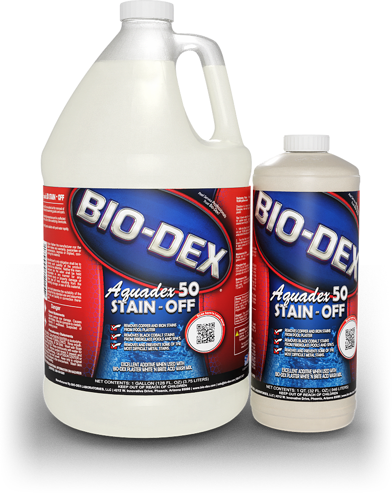 Two bottles of BioMINUSDex Aquadex 50 Stain Off Metal Remover, including a 32 oz bottle (ADQ50), both ideal for removing metallic stains from pools and spas.