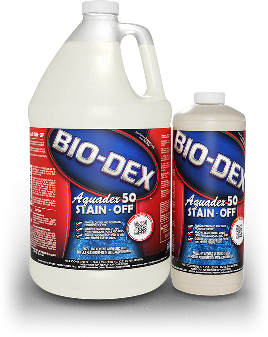 Two bottles of BioMINUSDex Aquadex 50 Stain Off Metal Remover, including a 32 oz bottle (ADQ50), both ideal for removing metallic stains from pools and spas.