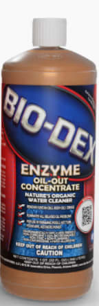 A 32 oz bottle of BioMINUSDex Oil-Out Enzyme (OO132), an oil-digesting pool enzyme and natural water cleaner, with safety and usage info on the label.