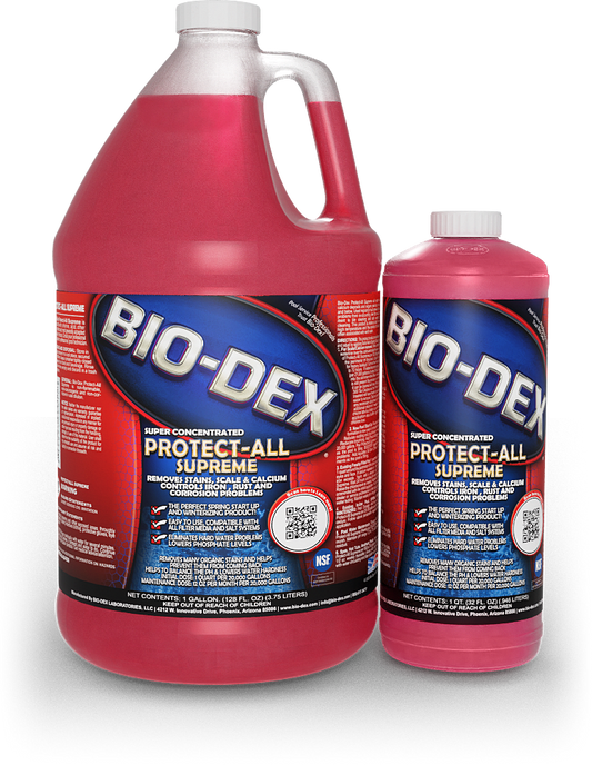 Two 32 oz bottles of BioMINUSDex Protect All Supreme (PAO32) with bold blue and red labels provide effective red liquid stain remover—perfect for pool maintenance and eliminating hard water stains.