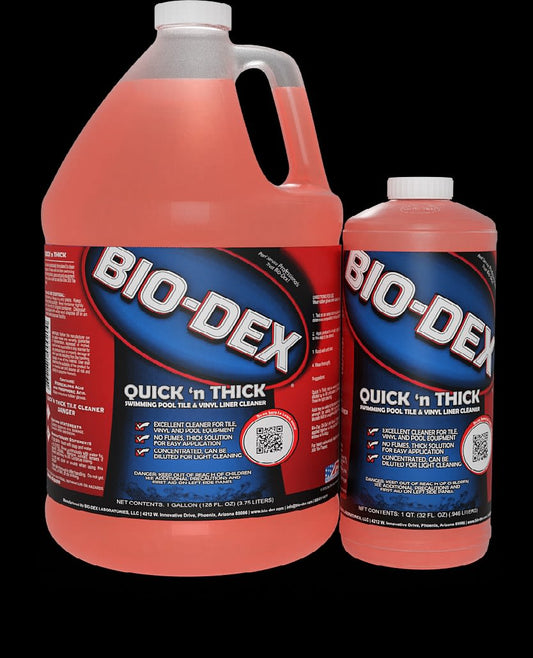 A 32 oz red bottle of BioMINUSDex Quick 'N Thick Tile Cleaner (BIOQT032) with a vibrant red and blue label.